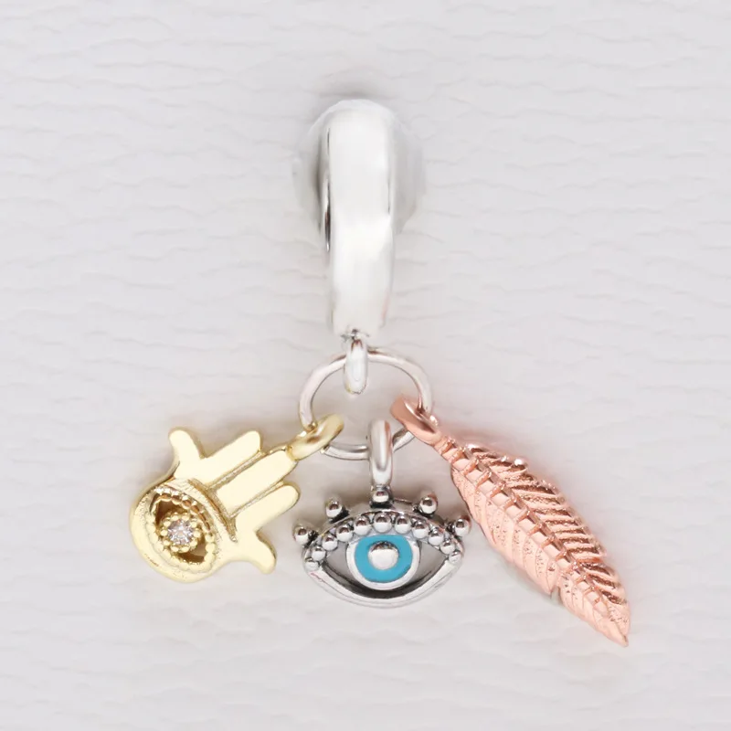 

Amas 100% Authentic 925 Sterling Silver Lucky Hand All-knowing Eye And Lucky Feather Pendant Fit Original Necklace