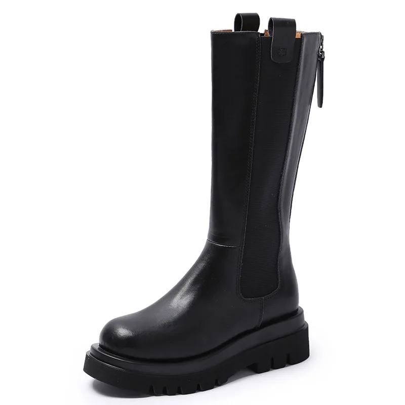 

Full Cowhide Autumn and Winter New Smoke Tube Boots Rear Zipper High Tube Motorcycle Boots Platform Martin Boots Womens Designer