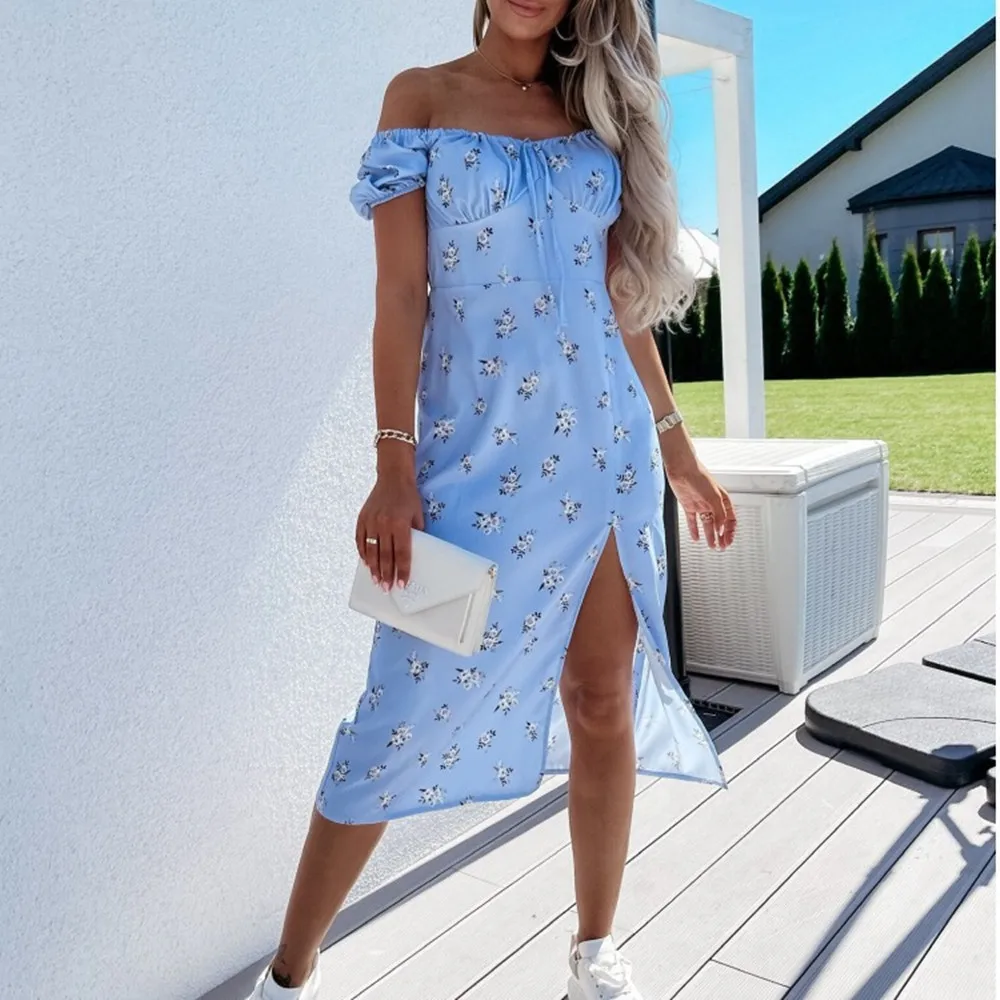 

Fashion Floral Printed High Split Dress For Women 2021 Slash Neck Lace-Up Pullover Dot Print Maxi Dress Robe Femme Vestido Mujer