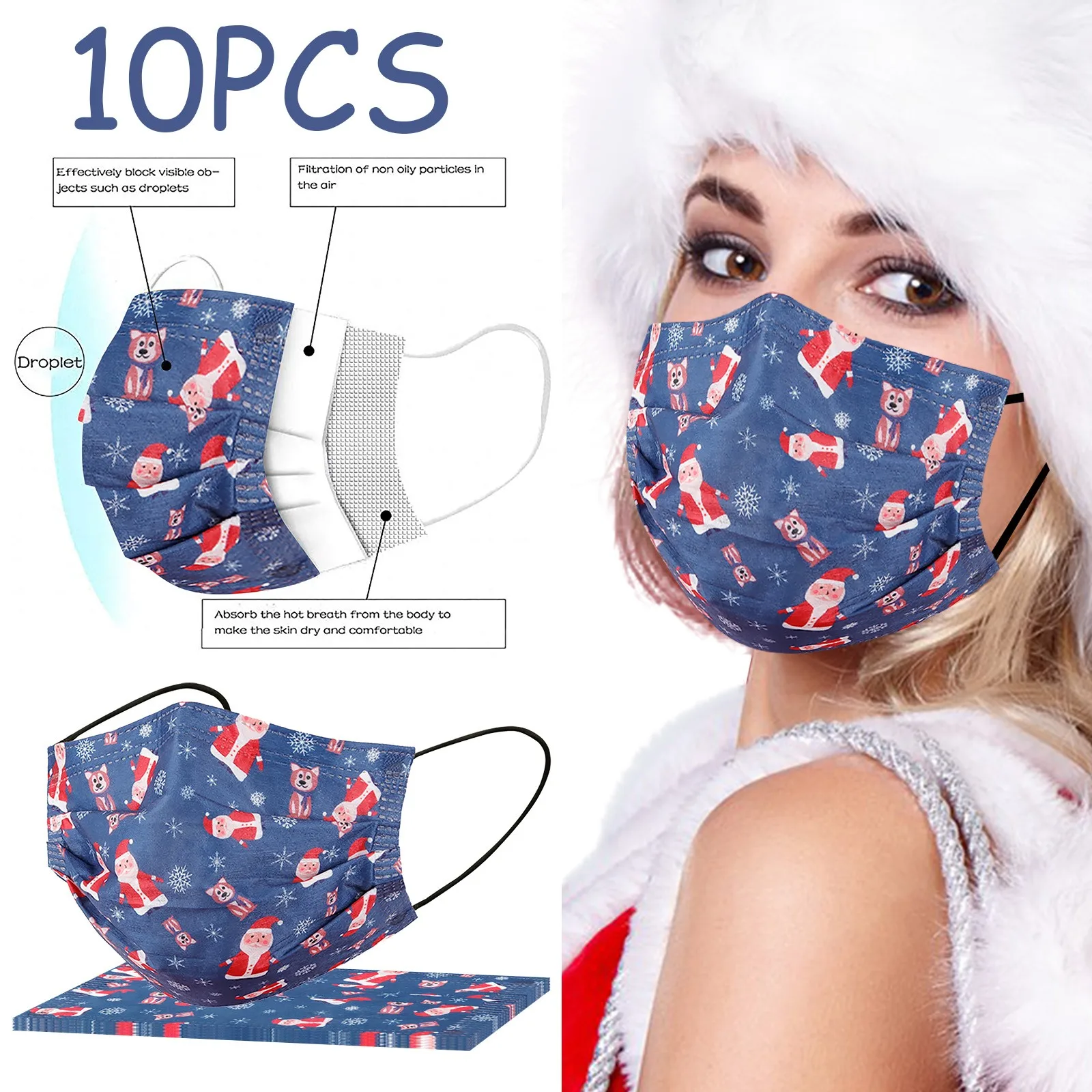 

10pc Disposable Face Mask Adult Christmas Printed Unisex Disposable Masks 3layer Dustproof Filter Pm2.5 Earloop Bandage Masques