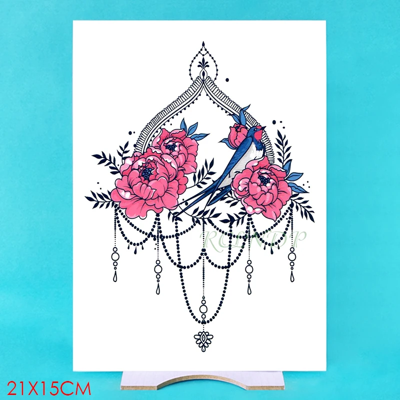 Водостойкая Временная тату-наклейка цветок пиона ожерелье птица искусственная