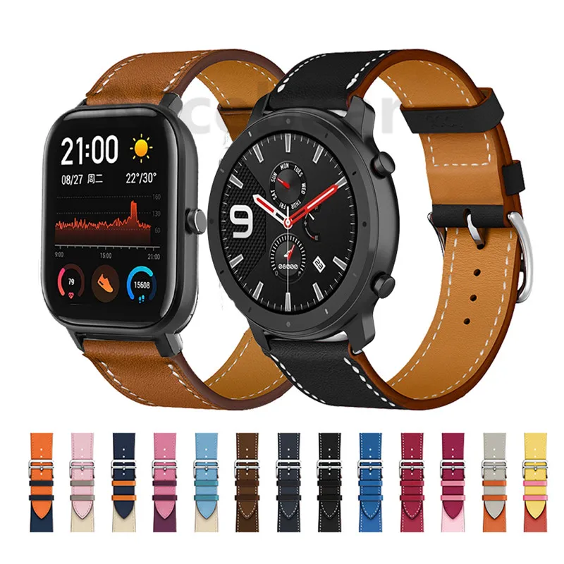 Ремешок из натуральной кожи для Amazfit GTR быстросъемный браслет часов GTS/ Bip Lite 47 мм 42