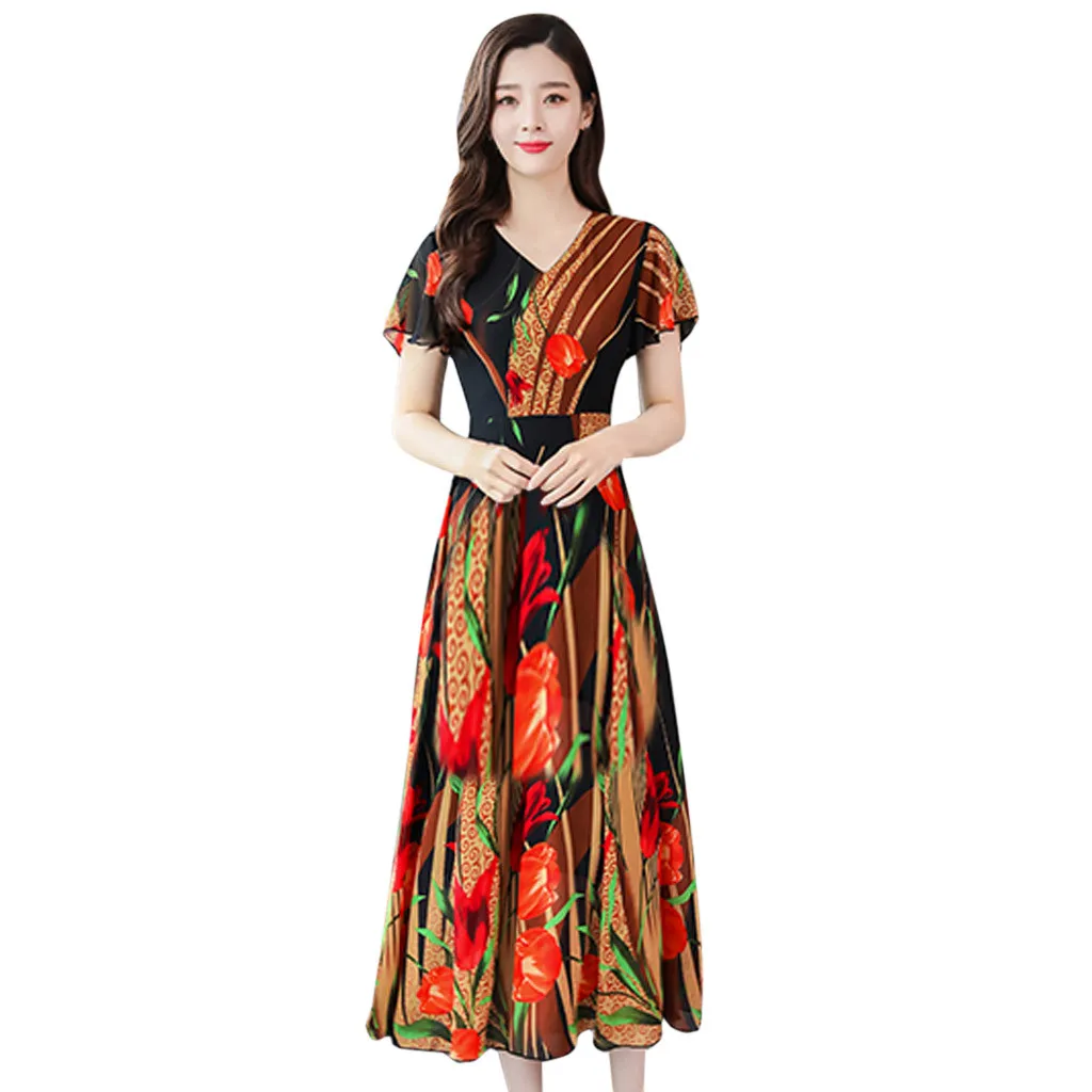 

Short sleeve waist length V-neck printing A-line medium length Jumpsuit fashion temperament high thin women's dress SAGACE robe