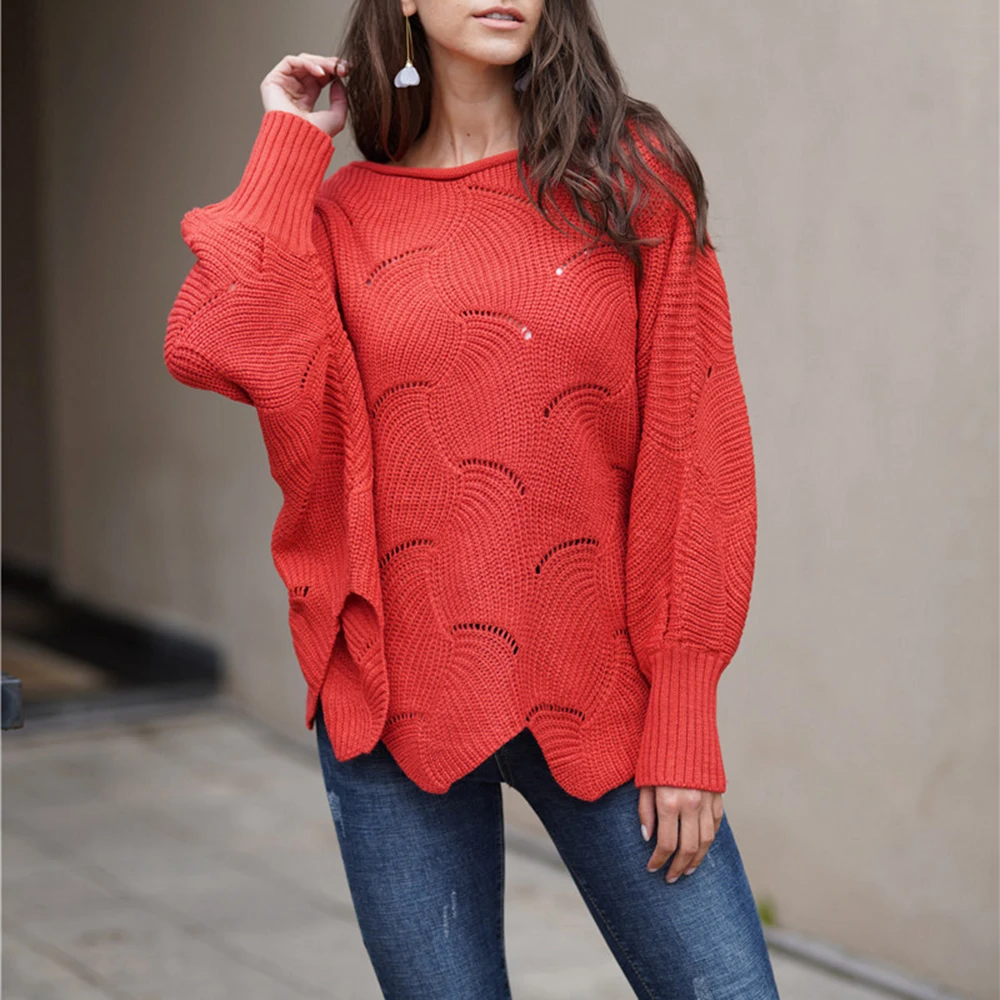 

Women Batwing Sleeve Sweater Solid Color Hollow Out Hook Flowers Knitted Pullover Sweaters Spring Fall Knitwear Tops Pull Femme