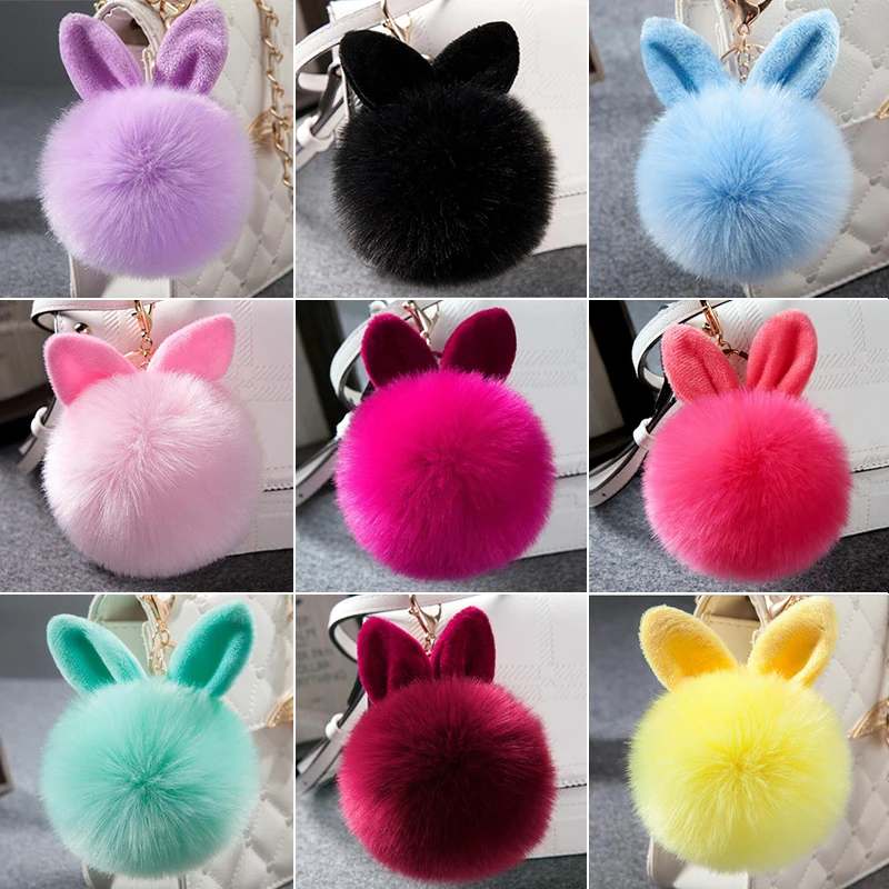 

Cute Fluffy Bunny Toys Ear Keychain Rabbit Key Chain Fur Woman Bag Charms Keyring Pom Pom Car Pendant Pompom Holder Gifts 2021