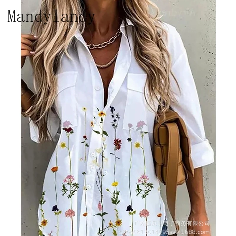 

Mandylandy Shirt Women's Long Sleeve Single Breasted Turn-down Collar Shirt Autumn Fashion Slim Print Pocket Stitching Blouse