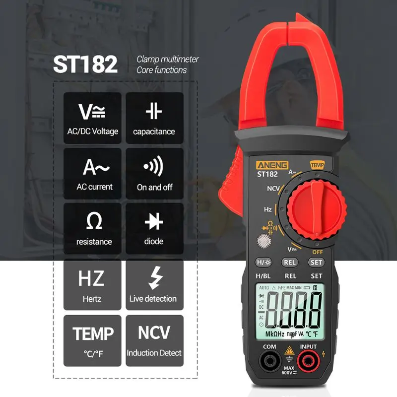 ST182 цифровой клещи Амперметр переменный ток мультиметр DC/AC напряжение тест er Amp Hz