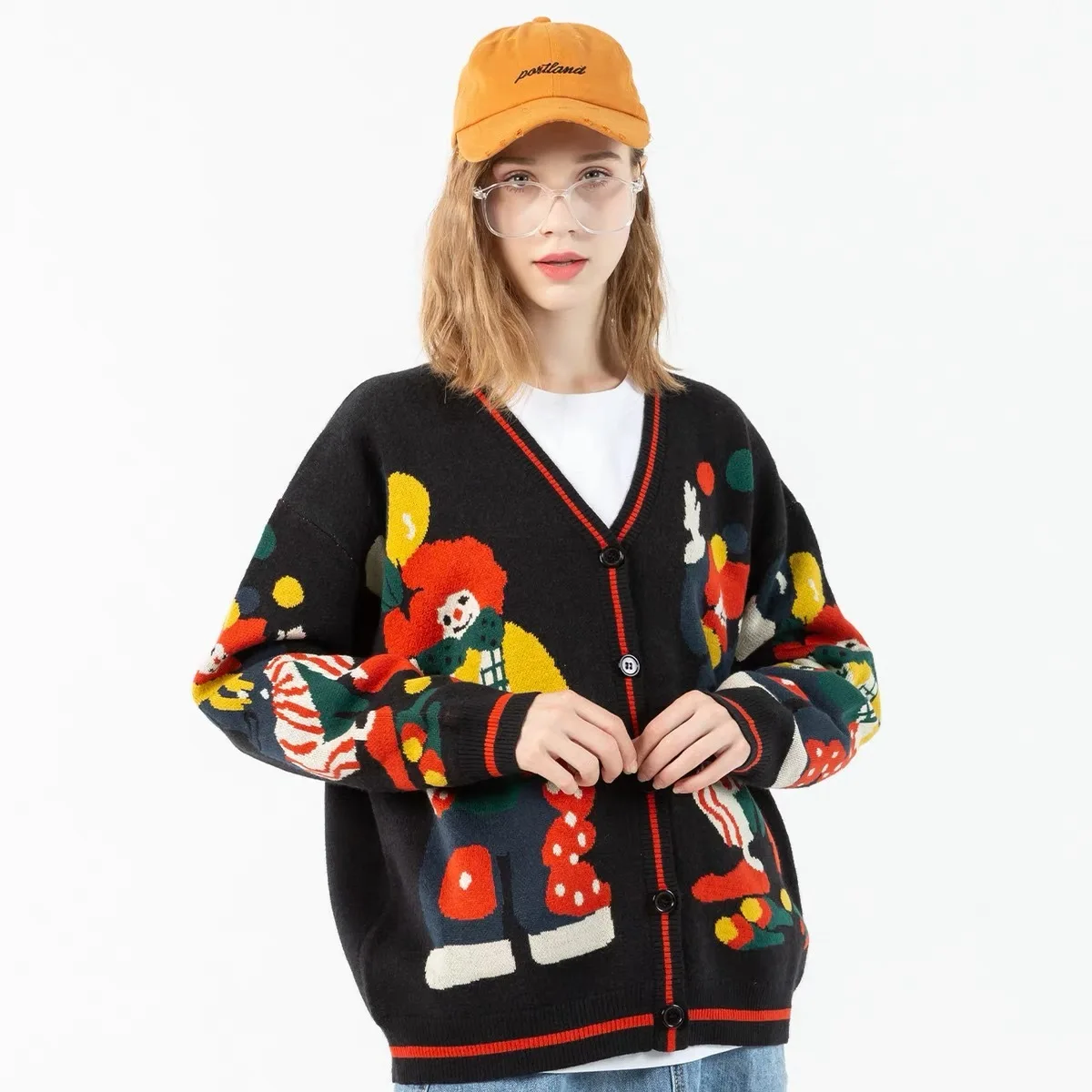 

Unisex Christmas Knitted Sweaters Women Men Funny Clown Printed Winter Cardigan Oversized Streetwear Jumper Tops Harajuku Coats