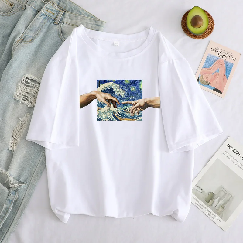 

T Shirts Women Michelangelo Funny T-shirt Oversized Cartoon Print Grunge Aesthetic Hand Graphic Tshirt Casual Tops Female TShirt