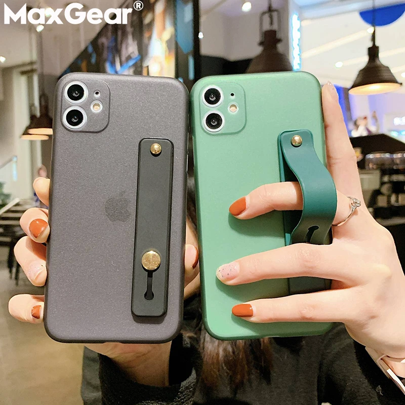 Матовый чехол с подставкой и ремешком на запястье для iPhone 11 Pro Max XS XR X 6 6S 7 8 Plus