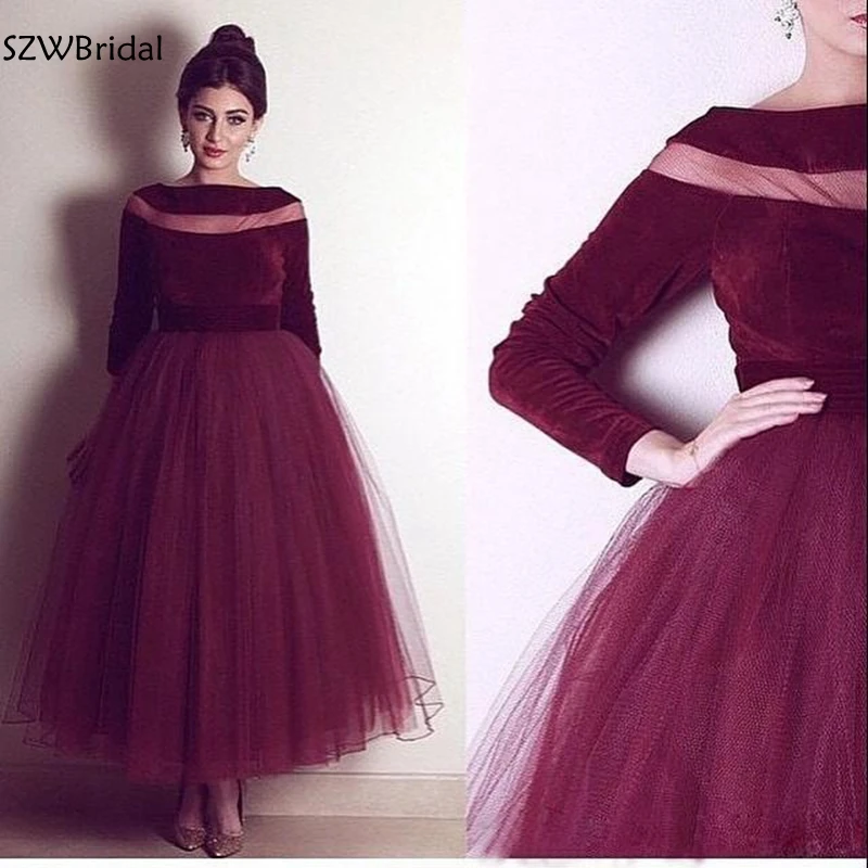 

Ever Pretty Burgundy Arabic Evening Dresses abendkleider 2023 Tea length Long sleeve short evening dress Party abiye elbise