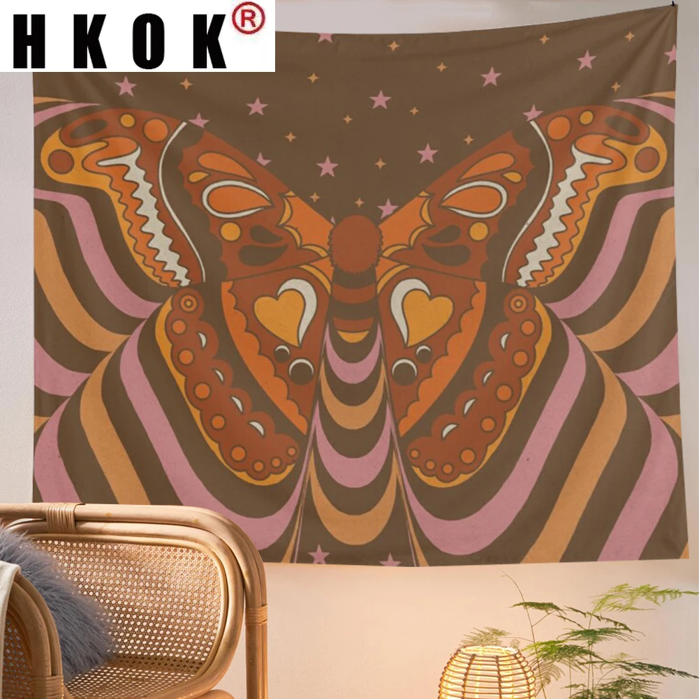 

HKOK Abstract Retro Butterfly Tapestry Wall Hanging Covering Rugs Background Cloth Beach Mat Blanket Art Bedroom Living Home Dec