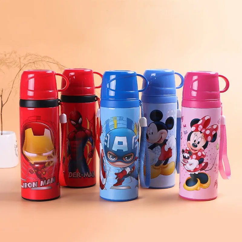 Termo de acero inoxidable para niños, taza con tapa de Mickey, Disney, MARVEL, Spiderman, 420ml