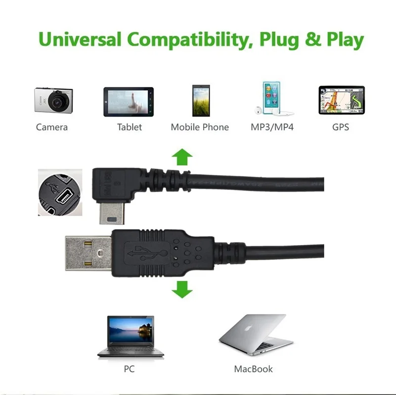 Кабель для передачи данных Mini USB Тип B 5-контактный штекер левый правый угол 90