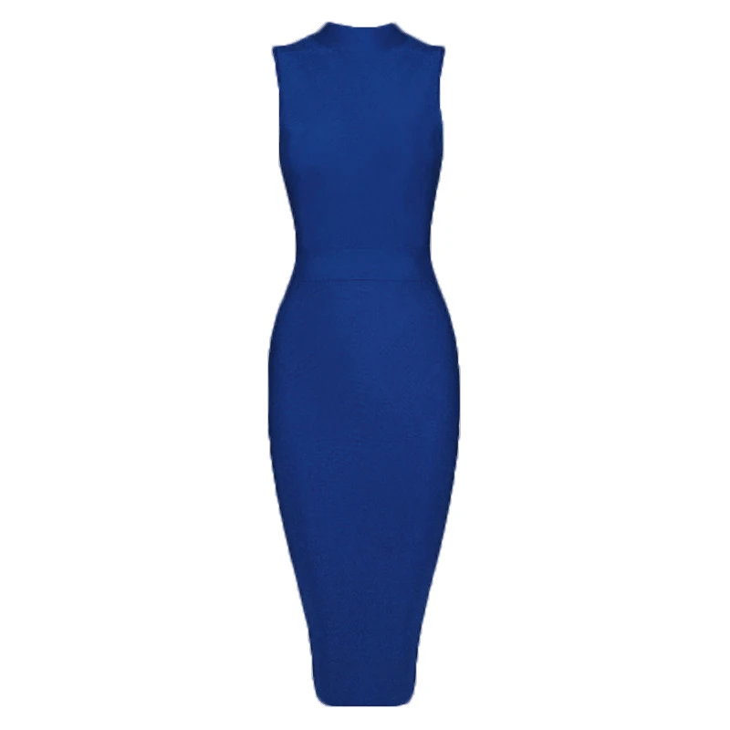 navy blue BEAUKEY Горячее Красное Бандажное платье до середины икры, водолазка без рукавов, однотонное облегающее платье с разрезом, облегающее платье размера плюс XL - Цвет: navy blue
