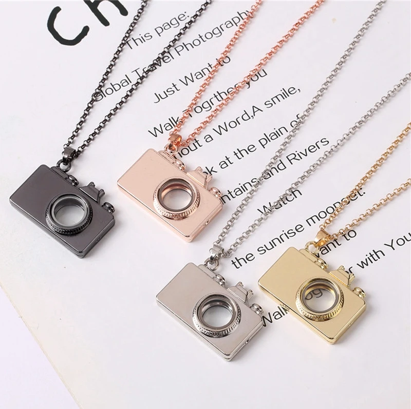 

New 4PCS/Lot Camera Openable Magnetic Glass Locket Necklace Pendant With Chain For Women Jewelry,Birthday Gift