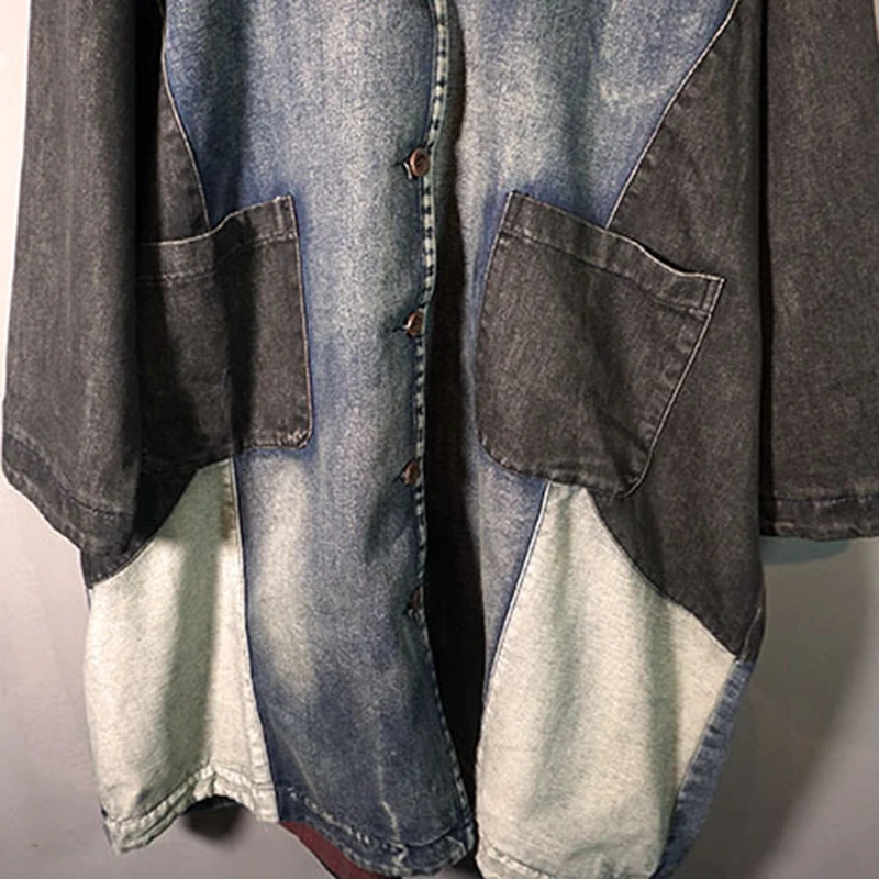 

CHICEVER Vintage Patchwork Coat For Women Hooded Long Sleeve Hit Color Loose Casual Oversized Denim Coats Female Fashion Clothes