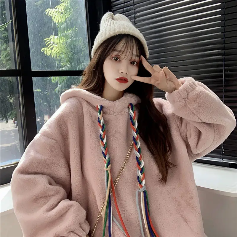 

2020 winter new thick imitation lamb plush pullover sweatshirt female Korean style oversize hoodies loose small fresh coat