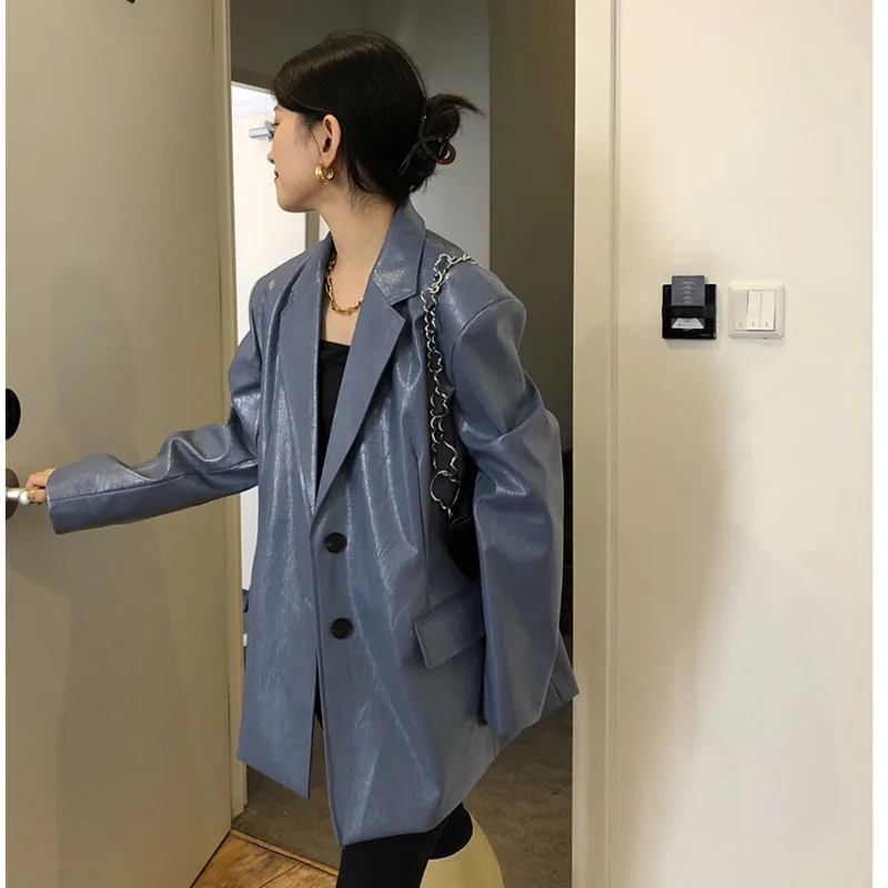 

Faux Leather Coat For Women 2021 Korean Loose Fit Lapel Green Long Sleeve Clothes Chic Vintage Female Outwear Jacket
