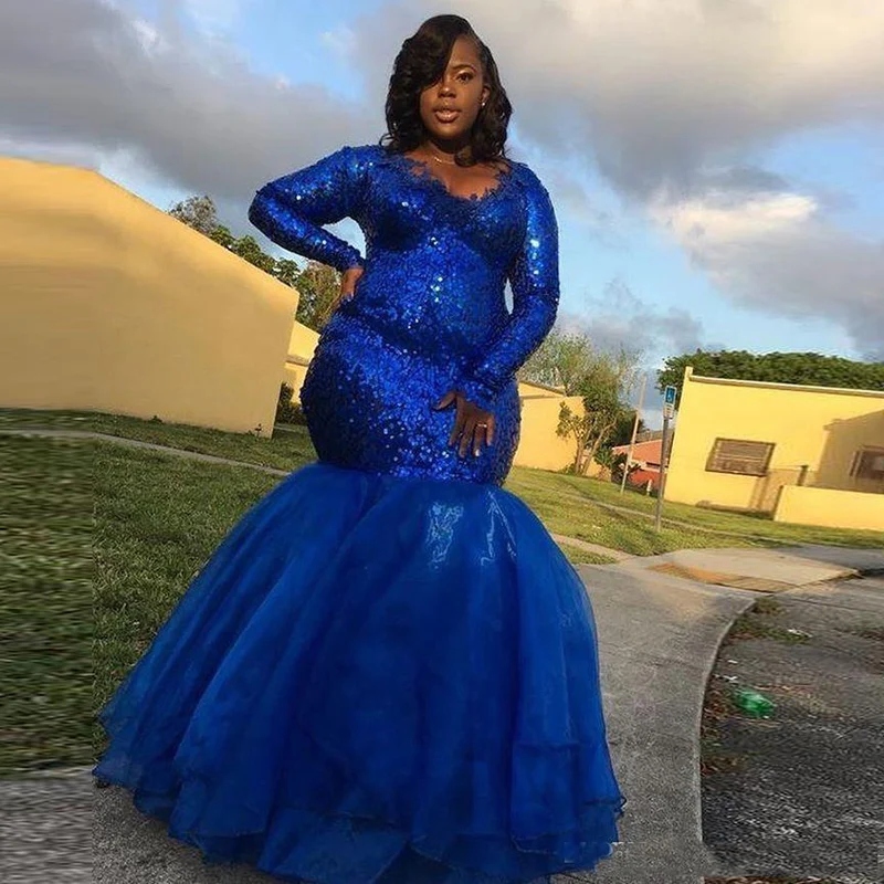 

Plus Size Royal Blue Mermaid Prom Dresses V Neck Sequined Tulle Formal Evening Gowns Pageant Party Dress