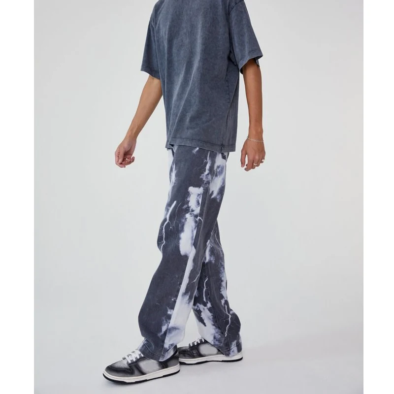 

Men's Fashion Tie-Dye Printed Jeans Mid Waist Cloud Color Matching Trendy Straight Pants Wild Casual Chic Hip Hop Funky Trousers