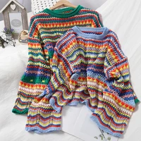 2020 runway women christmas sweater autumn sweet multi color stripe pullover o neck slim hollow korean style crocheted tops