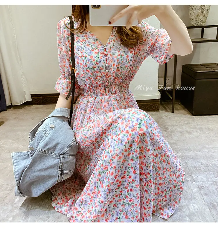

2021 Summer Floral Print Dress Women Casual Medium Long Chiffon Dress Boho Mini Summer Sundress Beach Stylish Holiday Clothes