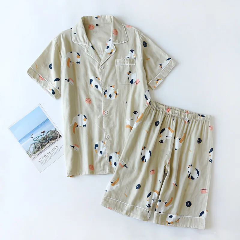 Summer Couple Pajamas Set Cotton Gauze Soft Short-sleeved Sleepwear with Shorts Thin Comfortable Cartoon Men/women Cool Homewear