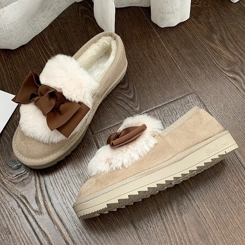 

Solid Plush Fur Loafers Winter Women Shoes Woman Flats Bow Knot Furry Moccasins Flat Soft Sole Platform Ladies Shoes Creepers