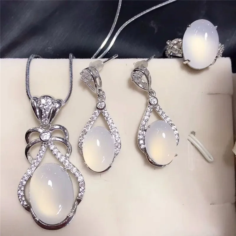 

LETSFUN Fine Jewelry 925 Silver Inlaid Natural Ice Chalcedony Pendant Necklace Ring Bracelet Set Gifts Free Shipping