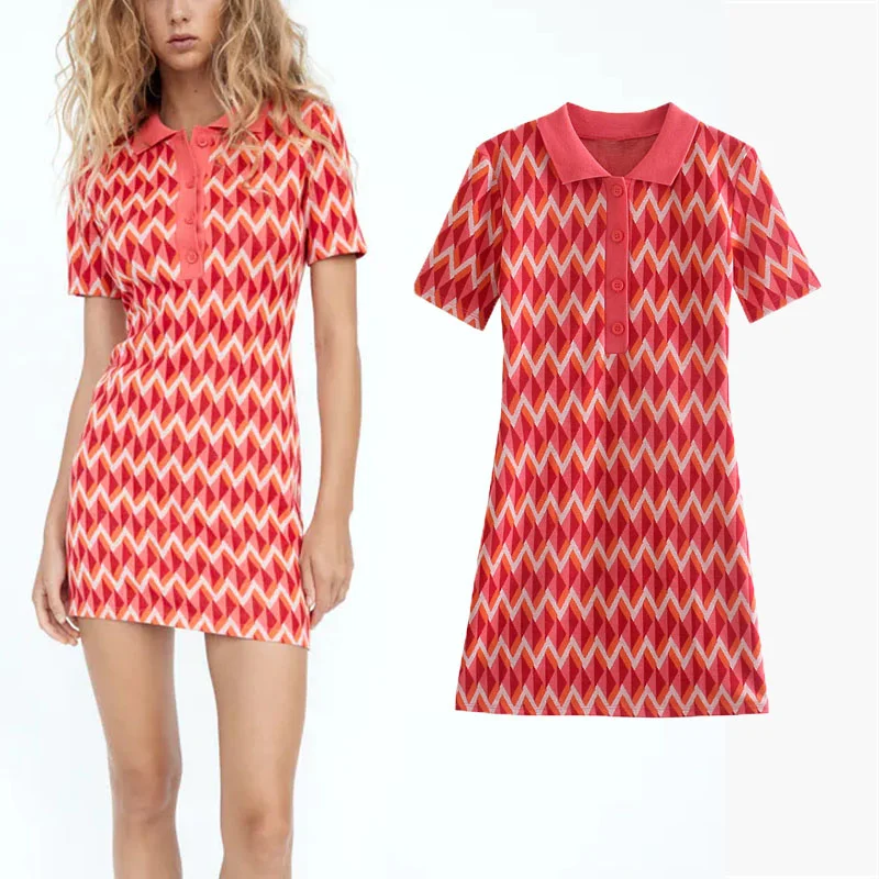 

Женское жаккардовое мини-платье Za, красное короткое Повседневное платье на пуговицах с коротким рукавом и отложным воротником, осень 2021