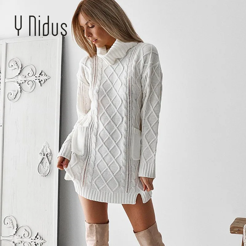 Women Pullover Winter White Sweater Dress Female Turtleneck Argyle Weave Full Sleeve Loose With Pocket Knit Long Jumper | Водолазки
