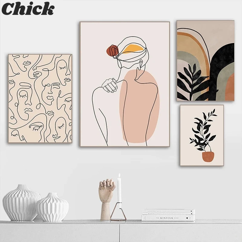 

Абстрактная однолинейная картина с изображением листьев, Минималистичная Настенная картина с изображением девушки на спине, Холщовый плак...