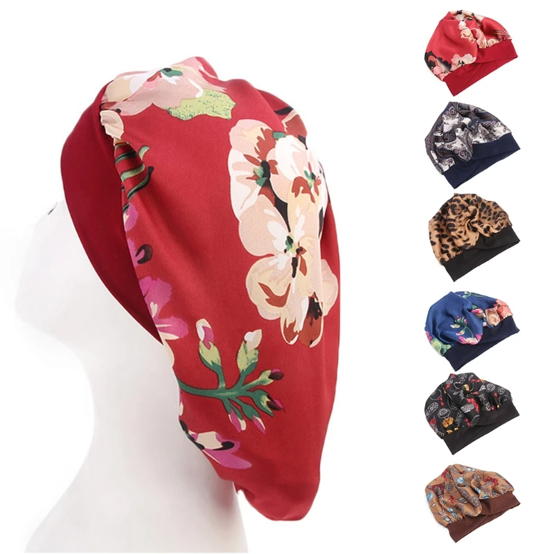 

Women Imitation Silk Satin Bonnet Sleep Cap Cross Front Elastic Wide Band Turban Head Cover Vintage Floral Print Large Hat