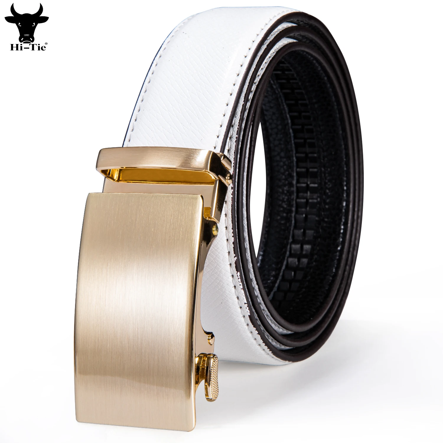 Hi-Tie Gold Smooth Automatic Buckles Mens Belts White Genuine Leather Ratchet Waistband Belt for Men Dress Jeans Suit Wedding XL