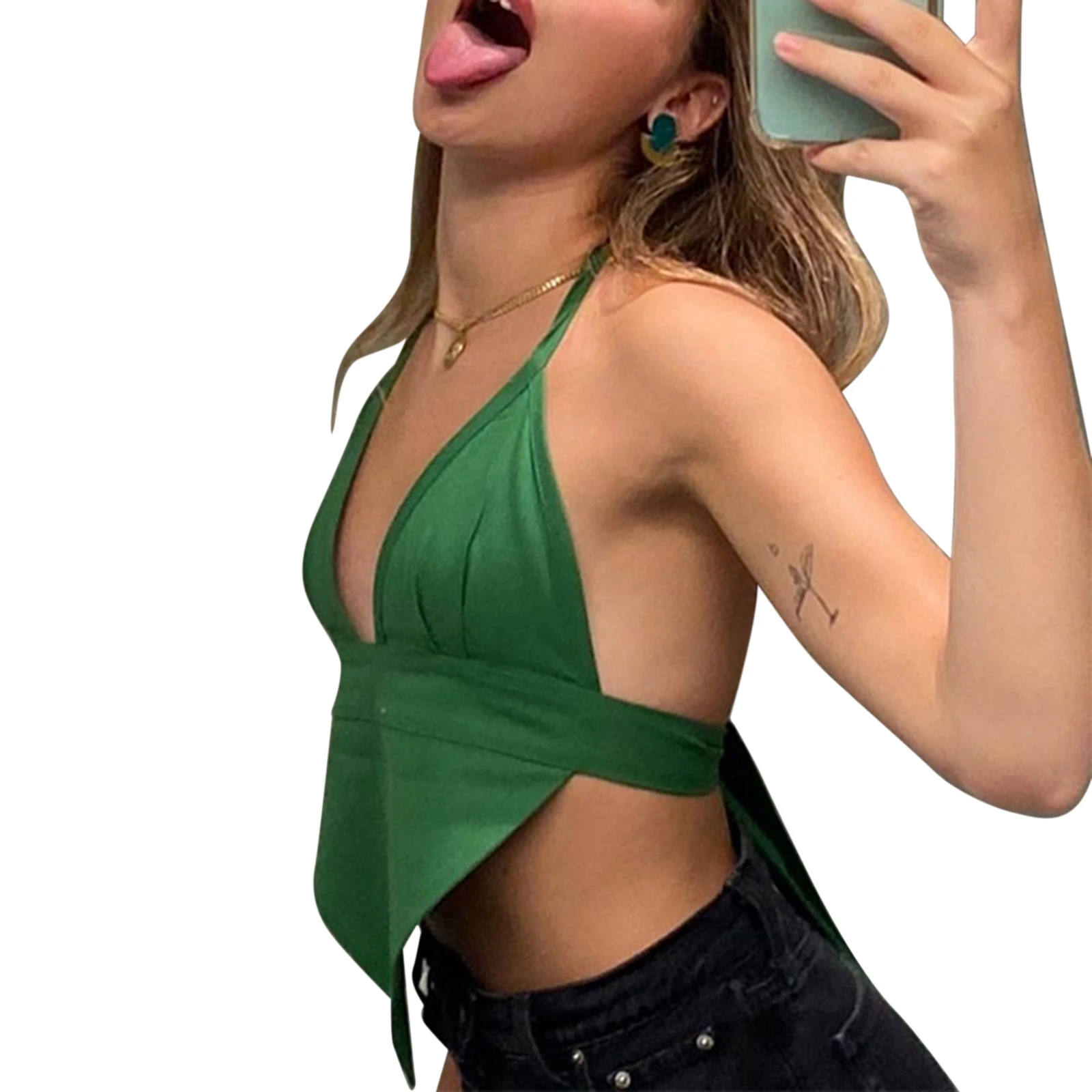

Summer Women Fashion Solid Color Camisole Sexy V-neck Bandage Backless Exposed Navel Top Female Clothing Green Clubwear Party
