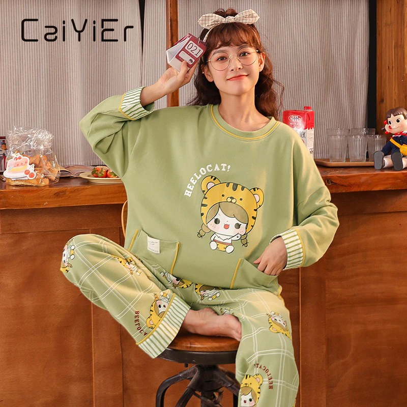 CAIYIER Cartoon Print Women Pajamas Set Long Sleeve Cotton Sleepwear Autumn Winter Girls Nightwear Soft Loose Loungwear Pyjama