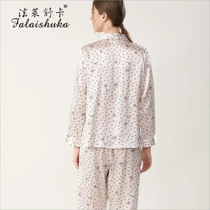 Pink 100% Silk Stain Pajamas Sets Women Homewear 2021 Spring Full Sleeve Long Pants