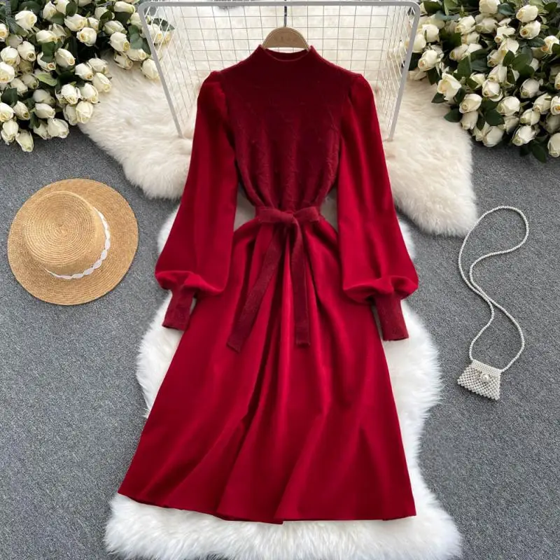 

Женское вязаное вельветовое платье, Элегантное повседневное платье черного/бежевого/красного цвета с длинным рукавом-фонариком и воротник...