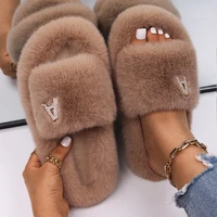 faux fur slides slippers luxury crystal rhinestone letter a decor fur sandals winter cozy flip flops flats custom shoes forwomen
