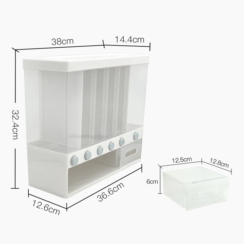 

10Kg Wall-Mounted Divided Grains Cereals Rice Dispenser 6 Grids Moisture-Proof Automatic Rack Plastic Sealed Food Storage Box