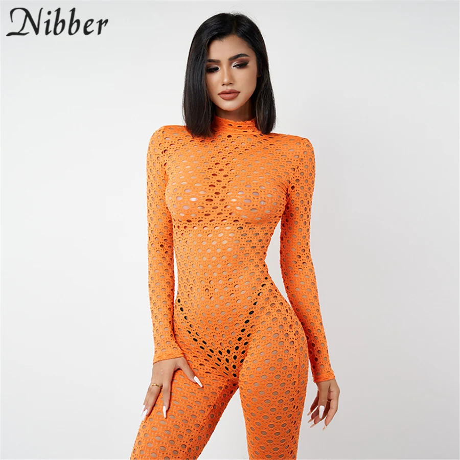 

Nibber Fashion Sexy Midnight Jumpsuit Women Hollow Out See Through Sheath Slim Overall Long Sleeve Turtleneck Hot Party Clubwear