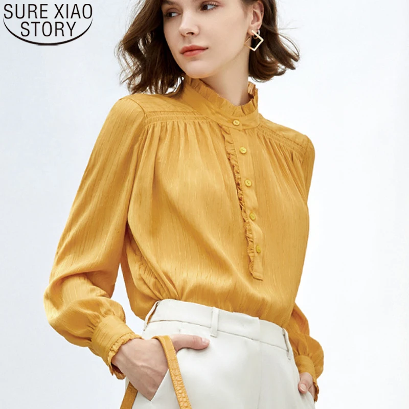 

2022 Spring Chiffon Blouse Women Shirts Long Sleeve Stand Collar Office Lady Autumn Loose Vintage Fashion Clothes Blusas 18270