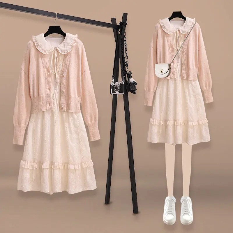 

Женский трикотажный Костюм-двойка, однотонный кардиган с V-образным вырезом и свободное ТРАПЕЦИЕВИДНОЕ ПЛАТЬЕ, весна-осень 2021