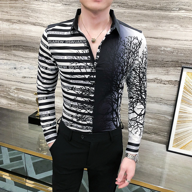 

2021 Spring Men Shirts Striped Print Long Sleeve Casual Slim Dress Shirts Streetwear Social Tops Camisa Masculina Black White