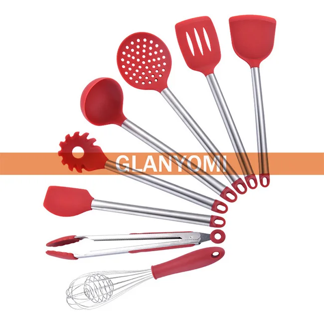 Red 8PCS Новая силиконовая ложка для приготовления пищи из нержавеющей стали, ковш для супа, лопатка для яиц, кухонные инструменты, набор посуды для приготовления пищи, красный, черный - Цвет: Red 8PCS