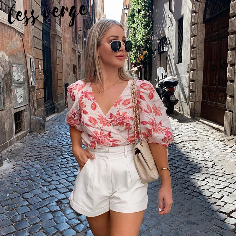 Lessverge Цветочный принт v образным вырезом укороченный блузка рубашка богемный