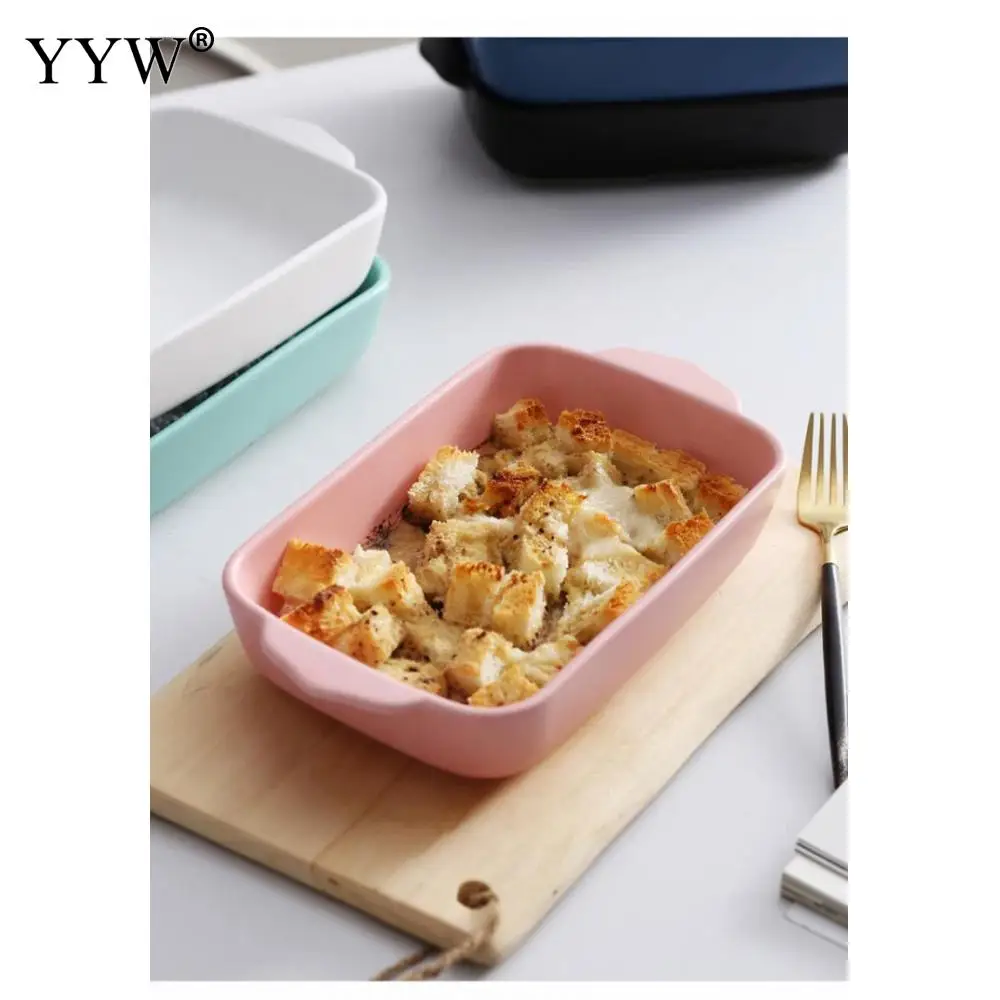 

Household Ceramic Binaural Retangle Baking Pan Round Dish Plate Dish Creative Oven Ceramic Western Tableware Microwave Plate