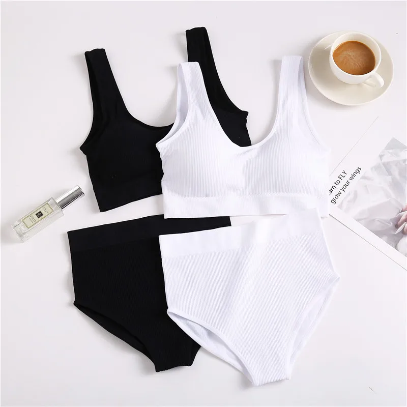 

Seamless Tops Set High Waist Panties Women Wireless Underwear Suit Soft Padded Bras Set S-XL Backless Bralette Lingerie