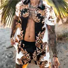 Комплект рубашки мужской Пляжный из 2 предметов, гавайский принт, короткий рукав, шорты с цветочным принтом, крутая повседневная одежда с V-образным вырезом, на лето